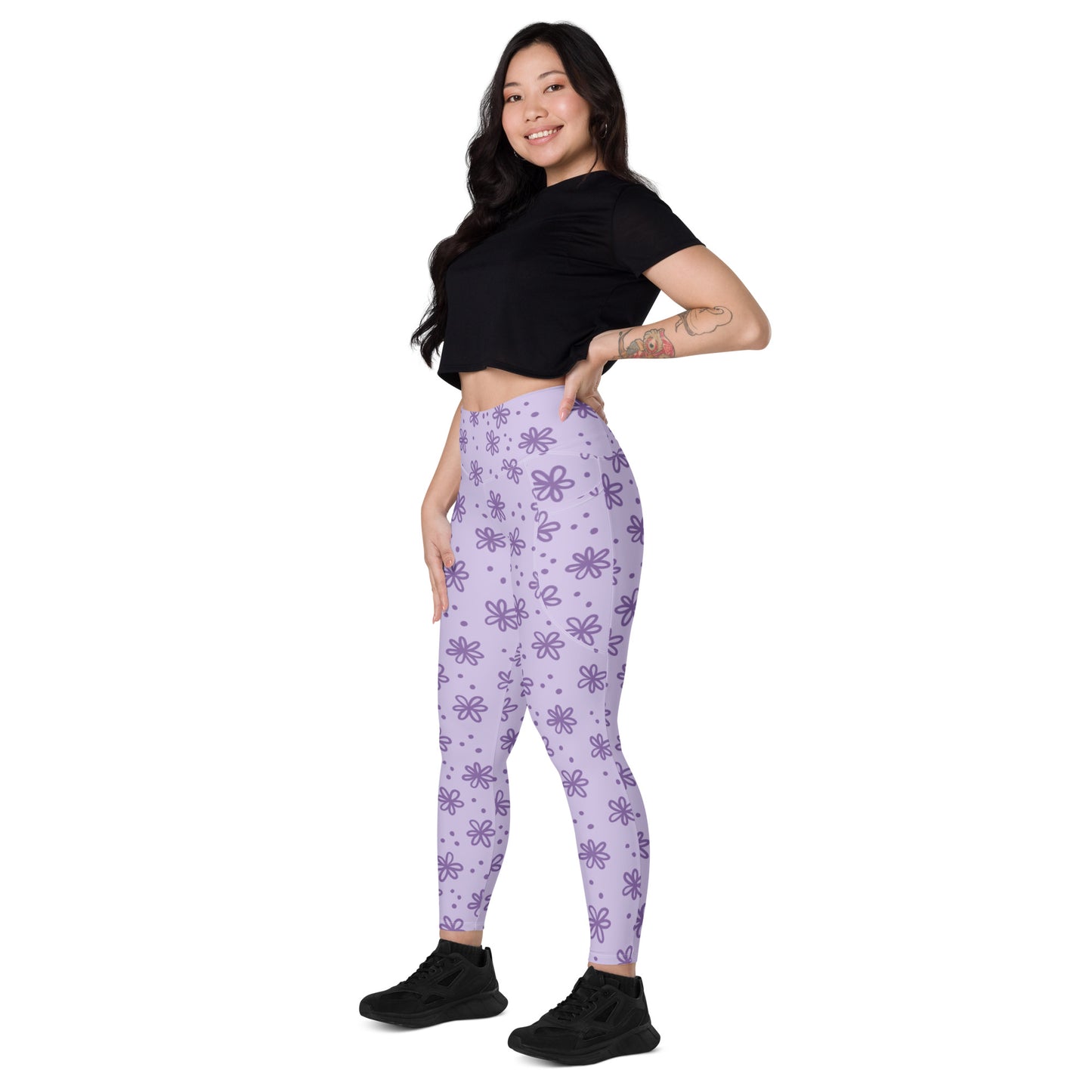 High Waisted Purple Flowers Pocket Leggings